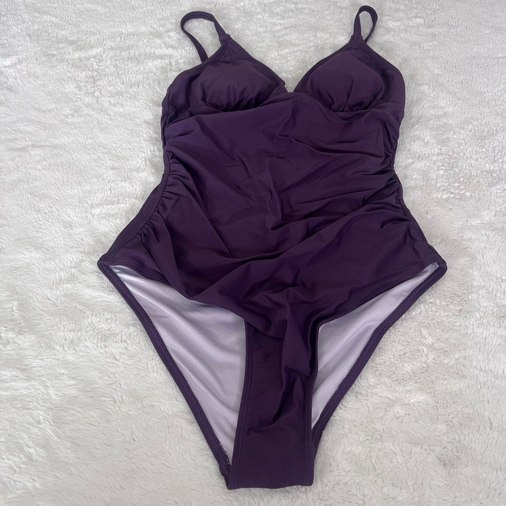 Cupshe Womens Ruched V-Neck One Piece Swimsuit Purple Adjustable Straps M NWT